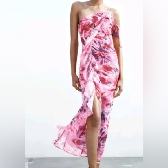 Zara Vibrant Floral One-Shoulder Pink Dress - Picture 1 of 2